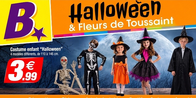 Bazarland Canet-en-Roussillon : affiche Halloween 2026 avec déguisements d'enfants dès 3,99 €, squelette lumineux et promotions jusqu'au 1er novembre.