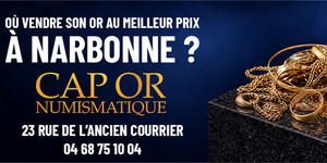 Cap Or Numismatique Narbonne : visuel présentant des bagues, chaînes et bijoux en or, avec l'adresse du magasin au 23 rue de l'Ancien Courrier.