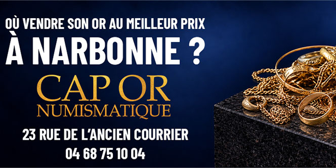 Cap Or Numismatique Narbonne : visuel présentant des bagues, chaînes et bijoux en or, avec l'adresse du magasin au 23 rue de l'Ancien Courrier.