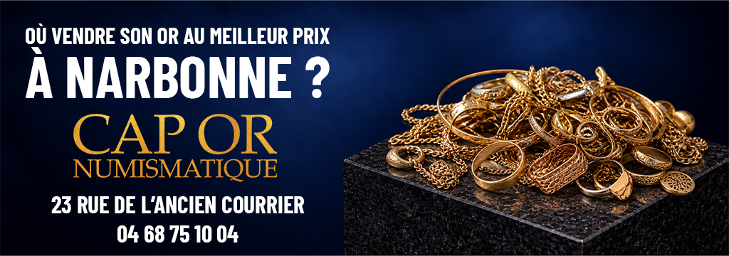 Cap Or Numismatique Narbonne : visuel présentant des bagues, chaînes et bijoux en or, avec l'adresse du magasin au 23 rue de l'Ancien Courrier.