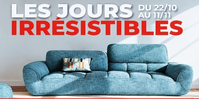 Cuir Center Perpignan : canapé LINA 3 places en tissu bleu à 1 690 € au lieu de 2 230 € pendant les Jours Irrésistibles 2026.