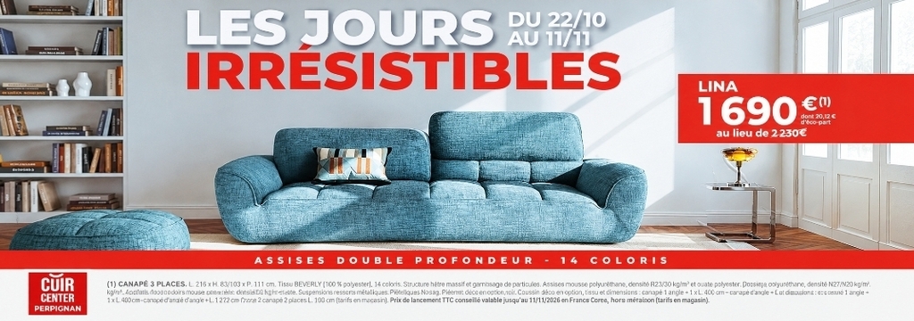 Cuir Center Perpignan : canapé LINA 3 places en tissu bleu à 1 690 € au lieu de 2 230 € pendant les Jours Irrésistibles 2026.