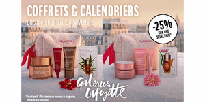 Galeries Lafayette Perpignan : promotion de 25 % sur une sélection de coffrets beauté et calendriers de l'Avent, illustrée par des produits Clarins.