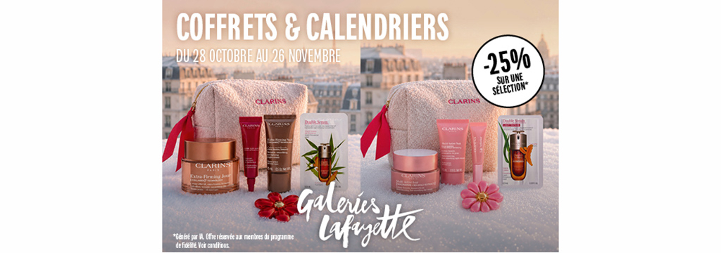 Galeries Lafayette Perpignan : promotion de 25 % sur une sélection de coffrets beauté et calendriers de l'Avent, illustrée par des produits Clarins.