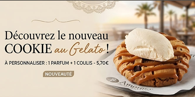 Cookie chaud accompagné d'une portion de gelato italien chez Amorino Canet-en-Roussillon.