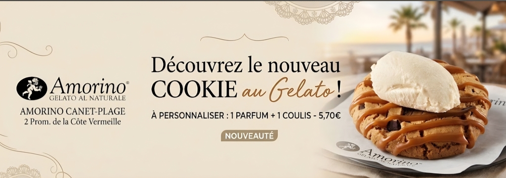Cookie chaud accompagné d'une portion de gelato italien chez Amorino Canet-en-Roussillon.